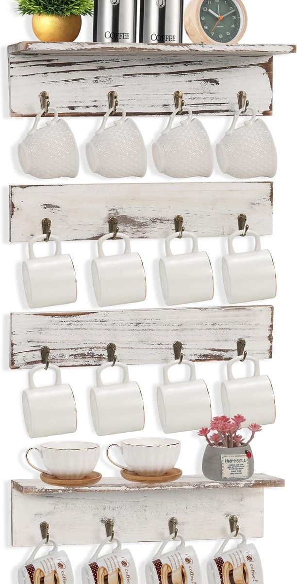 Bekerhouder voor aan de muur, hangend bekerrek met 16 haken, houten rek voor koffiekopjes, set van 4 kopjeshangers, vintage wit