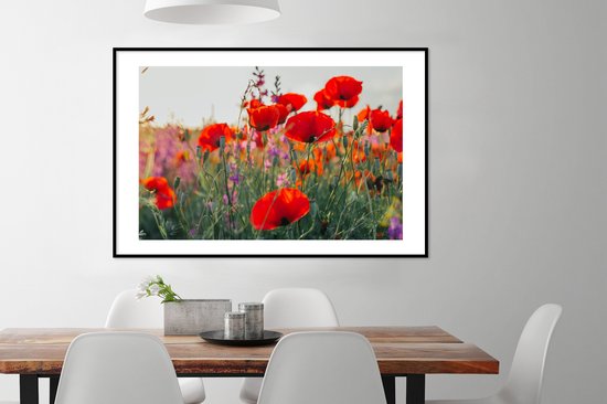 Fotolijst incl. Poster - Klaproos - Bloemen - Rood - Paars - Weide - 120x80 cm - Posterlijst