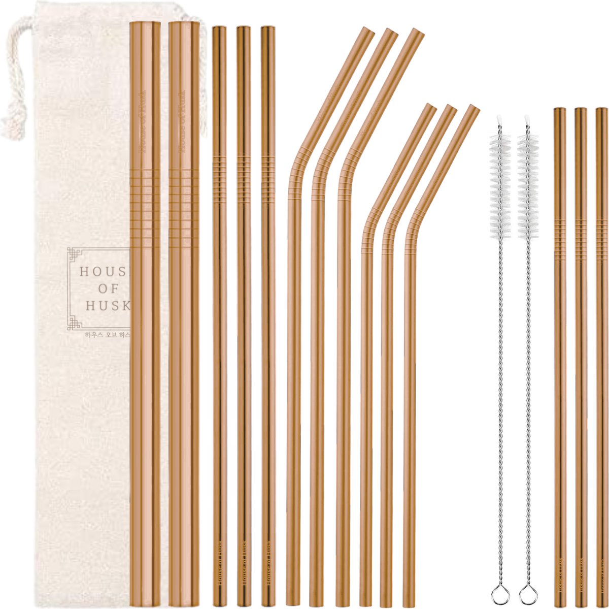 House of Husk Metalen Rietjes Rose Goud - RVS - Herbruikbare Rietjes - Boba - Smoothie - Smal en Breed - 16 delig - Inclusief Reinigingsborstels en Opbergtas