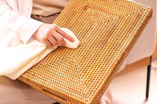 YANGQIHOME Rechthoekig dienblad, handgevlochten rotan dienblad met handgrepen voor ontbijt, dranken, snacks, salontafel (37 cm
