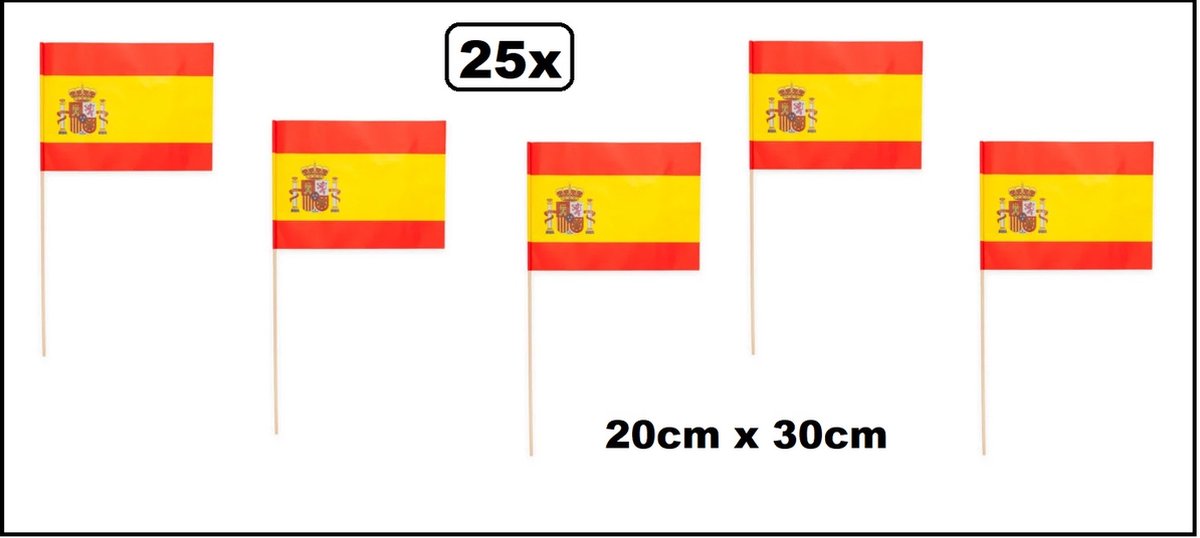 25x Luxe Zwaaivlaggetjes op stok Spanje 20cm x 30cm - stok hout 50cm - Zwaai vlaggetjes EK WK thema feest voetbal festival uitdeel Spaans