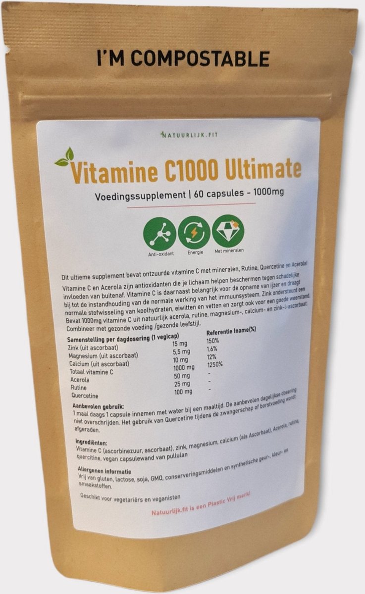 Vitamine C 1000 Ultimate 60 capsules | Voedingssupplement | Plasticvrij | Vegan | Nederlands product | Therapeutische kwaliteit | vrij van toevoegingen | puur natuurlijke ingrediënten