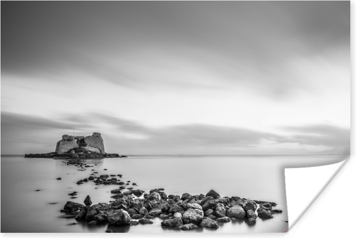 Poster Stenen in het water zwart-wit - 60x40 cm