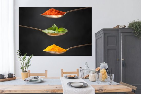 Poster Herbes - Cuillère - Épices - Zwart - Italien - 180x120 cm XXL