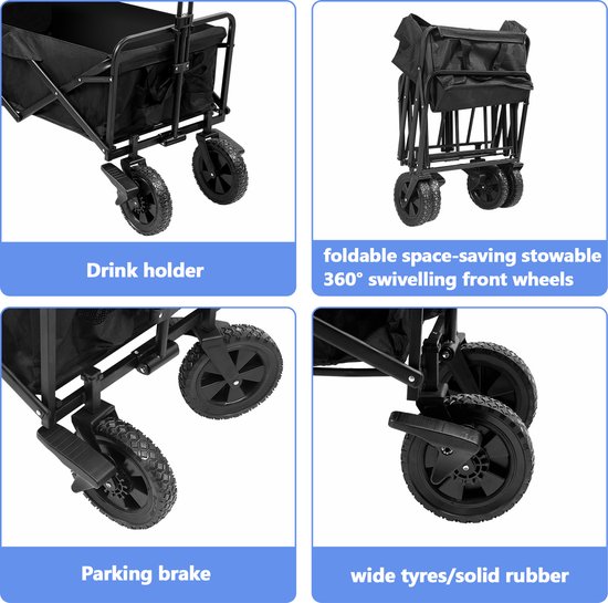 Bolderkar - Opvouwbaar - Bolderwagen - transportkar Kinderenvervoer Bolderkarren Tuinkar Kinderwagen met Duwstang Opvouwbare Draag Kar Bolder Wagen Strandkar Zwart van Bolderkar Opvouwbaar — afbeelding 2