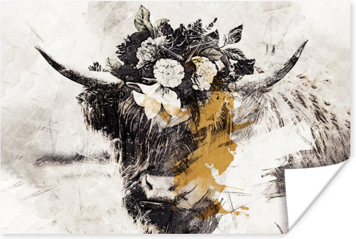 Poster 30x20 cm - Schotse hooglander - Goud - Wit - Verf - Posters - Kamer decoratie - Wan