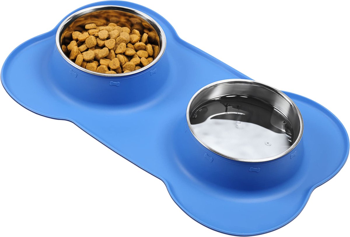 JAXY Voerbak Kat - Voerbak Hond - Voerbakken - Drinkbak - Voerbakjes Kat - Kattenvoerbakjes - RVS - Voedselveilig Siliconen - Blauw - Maat M