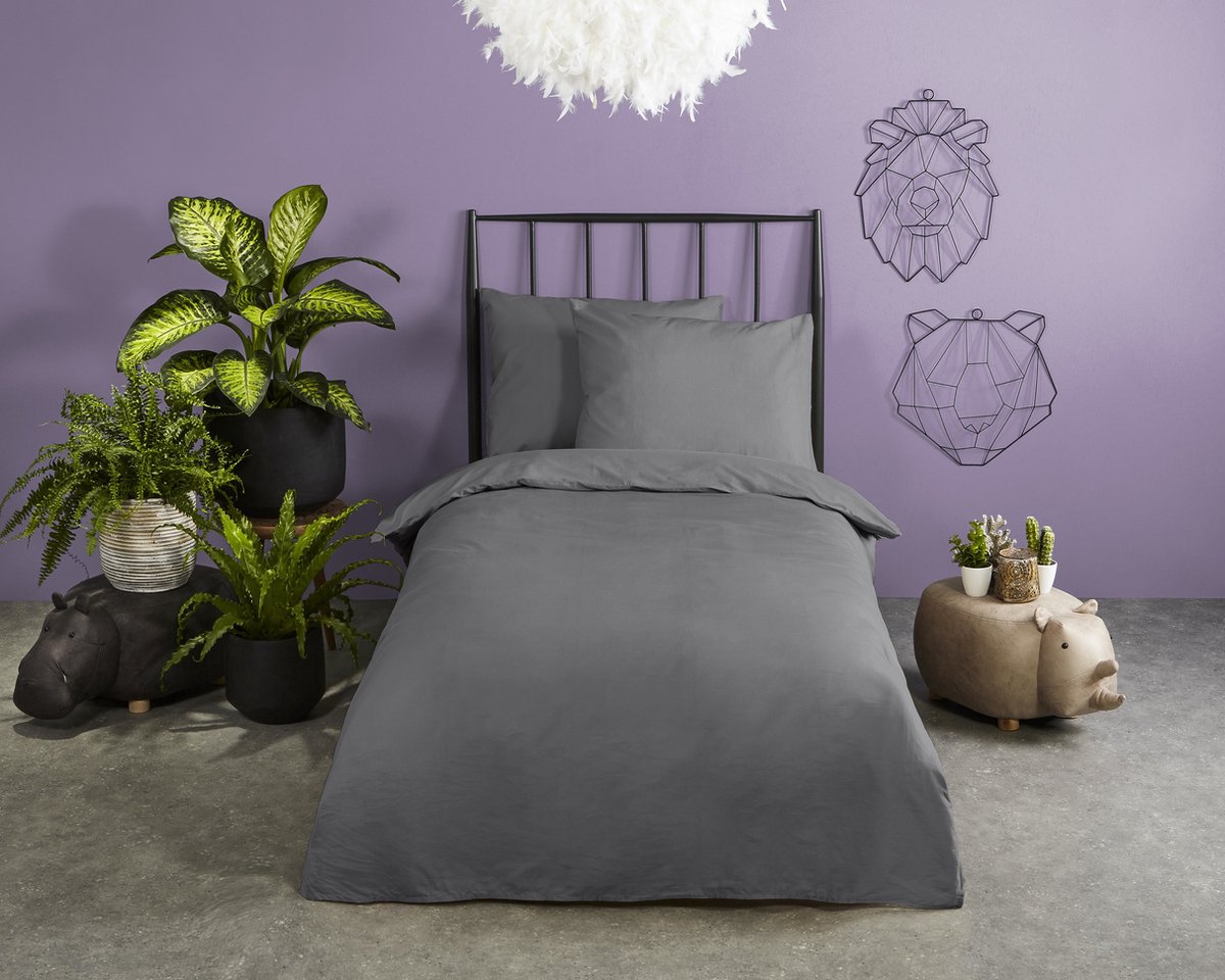 HIP dekbedovertrek effen kleur - 1 persoons 140x200/220 cm - Grijs - 100% Katoen satijn