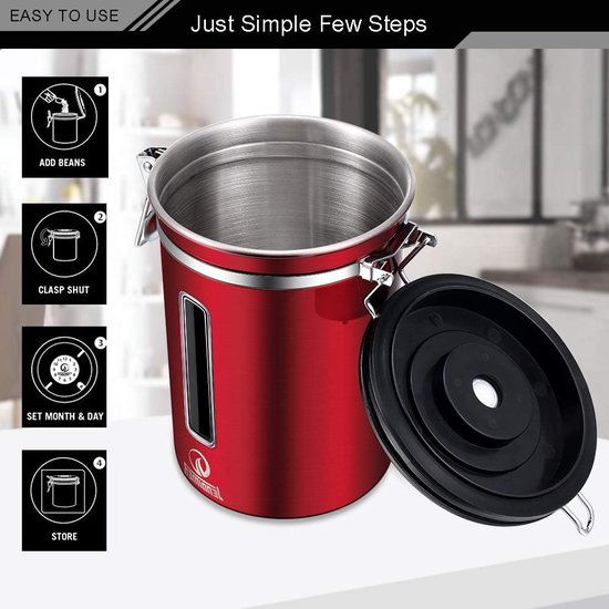 Koffiebus - Grote 1,8 L/650 G, Roestvrijstalen Koffieopslagcontainer Transparant Venster Bewaar Verse Koffiebonen Datumtracker Co2 Afgifteklep En Maatschep Rood
