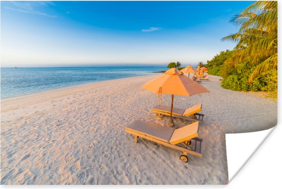 Caribisch strand met strandstoel Poster 180x120 cm - Foto print op Poster (wanddecoratie) XXL / Groot formaat!