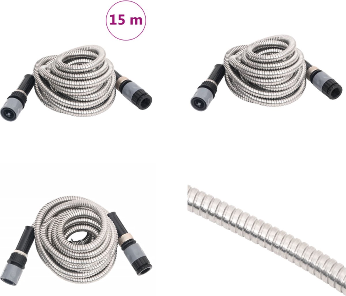 vidaXL - Tuinslang - met - sproeikop - 0,6'' - 15 - m - roestvrij - staal - zilverkleur