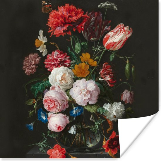 Poster Stilleven met bloemen in een glazen vaas - Schilderij van Jan Davidsz. de Heem - 30x30 cm