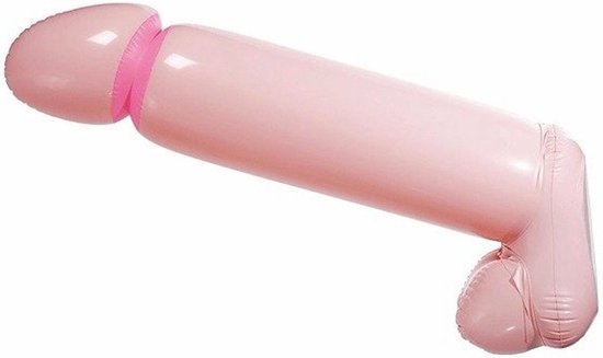 Lichtroze opblaasbare piemel van 35 cm met roze rand bij de eikel.
