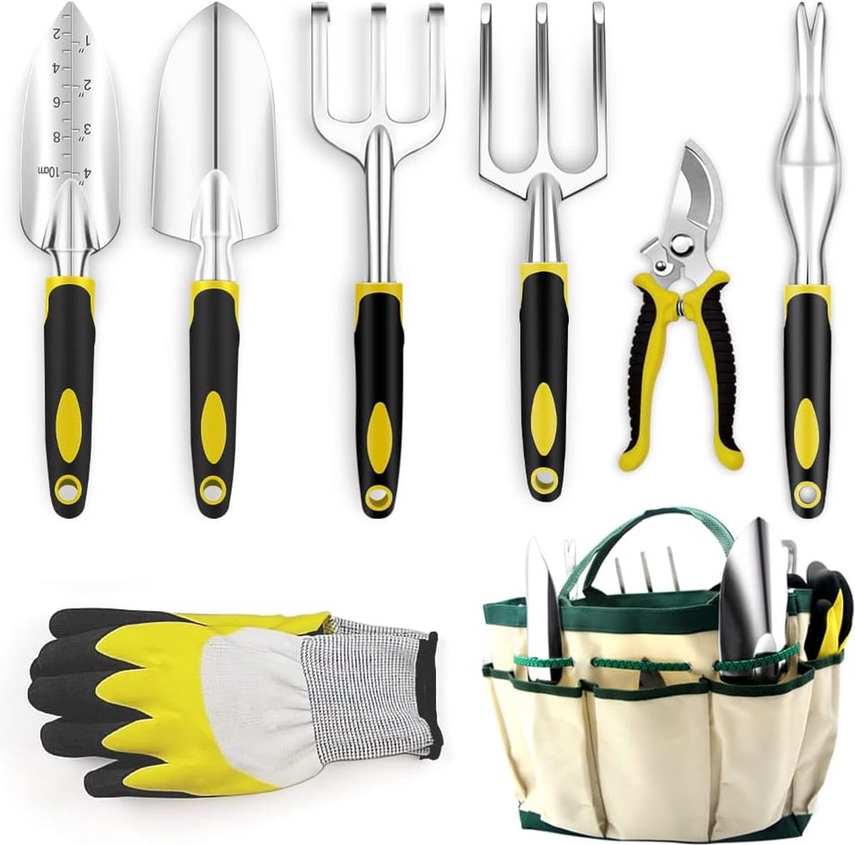 Tuingereedschapset 8 in 1 Tuingereedschap met opbergtas Tuinschep met rubberen handvat Tuinhandgereedschap