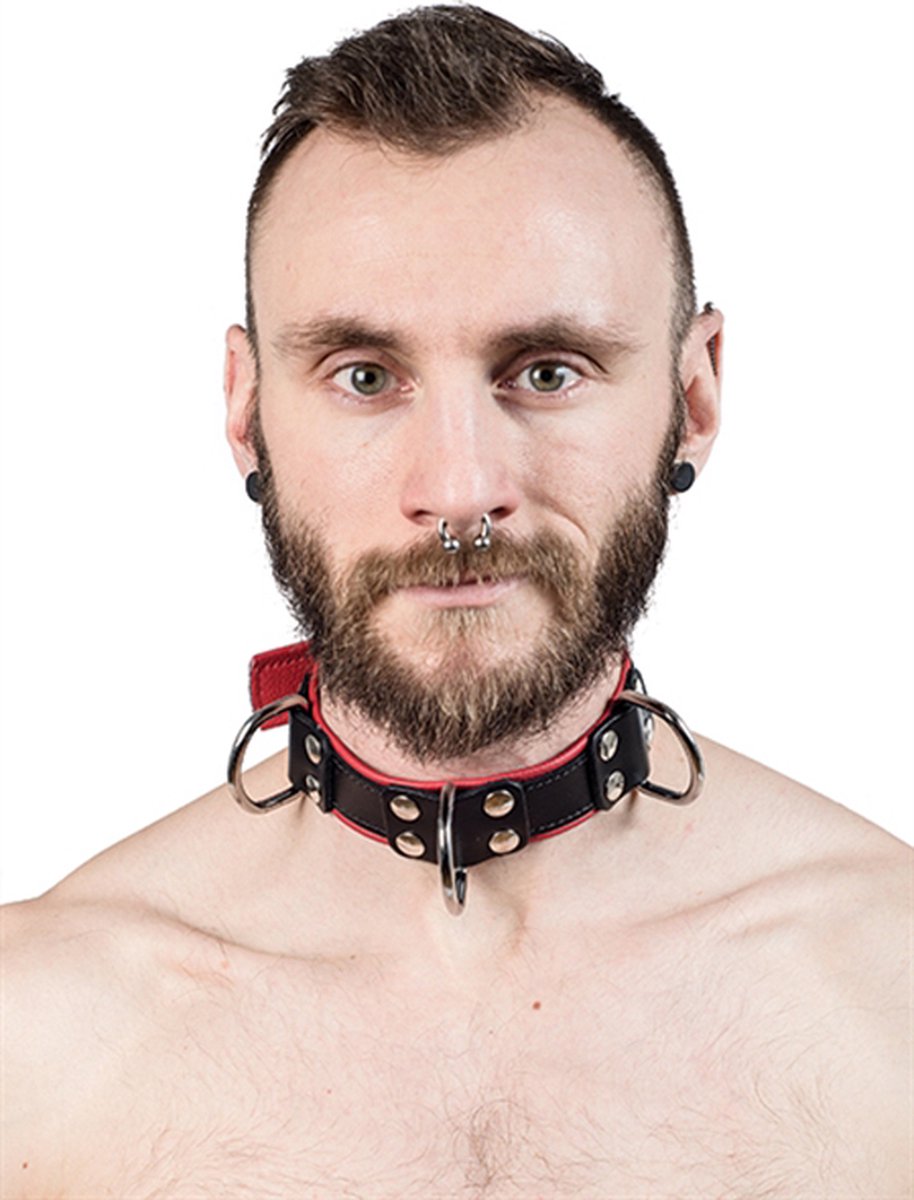 Mister B - Leren Slavenhalsband met 4 d-ringen - rood