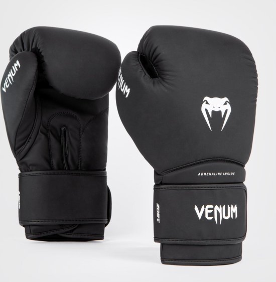 Zwarte Venum bokshandschoenen met witte logo's en tekst 'ADRENALINE INSIDE'.