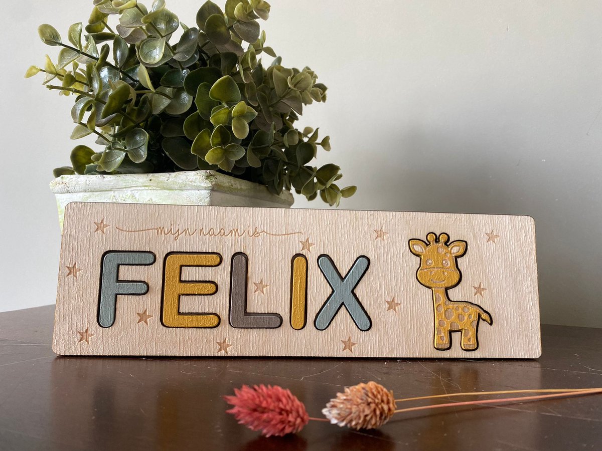 Hip met Pit Creaties - Naampuzzel Hout met Symbooltje 25x8cm Gepersonaliseerd - Handgemaakt - Naam Symbool Kleur via Mail - Jongen Meisje