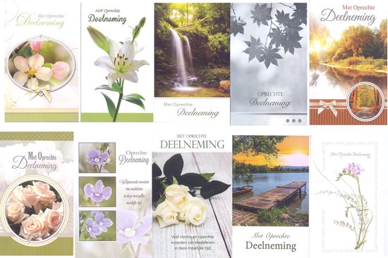 Collage van negen condoleancekaarten met bloemen, watervallen, herfstbladeren en een bosweg.