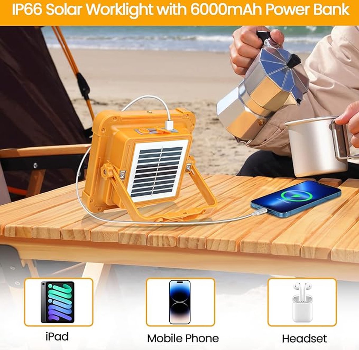 Orange--Lampe Solaire Portable À 56 Led, Projecteur Usb Étanche