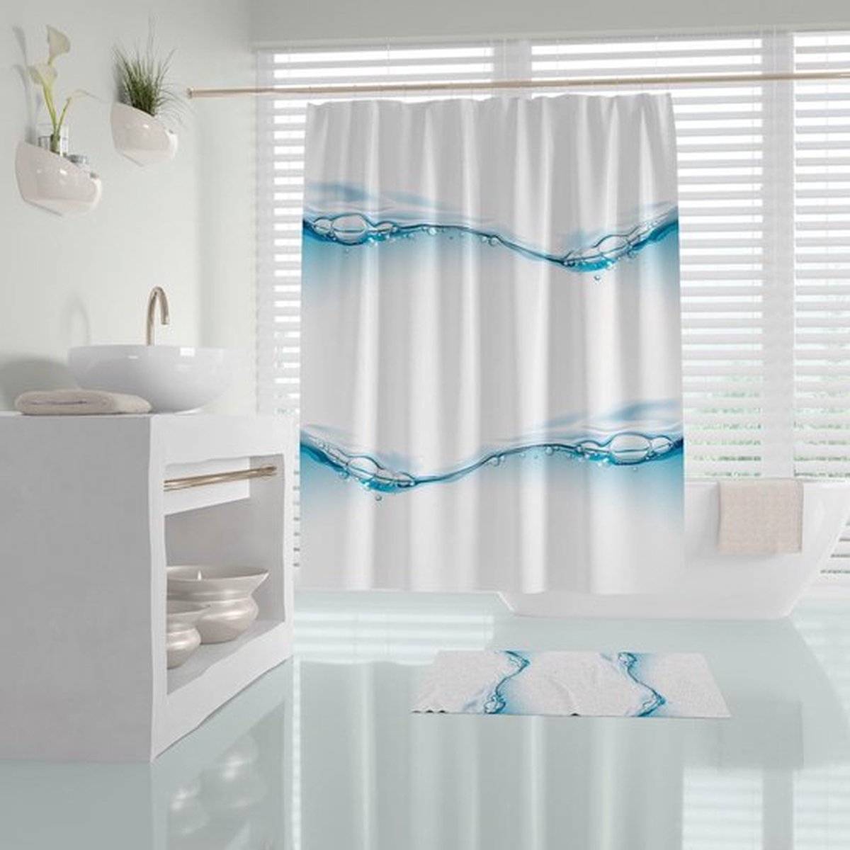 Casabueno - Douchegordijn 180x200 cm met ringen- Badkamer Gordijn - Waterdicht - Sneldrogend en Anti Schimmel -Wasbaar - Duurzaam -Waterdrop