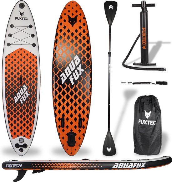 Foto: Fuxtec stand up paddleboard oranje wit luchtpomp peddel reparatieset en een apparaat voor het bevestigen van een actiecamera fx sup320eco