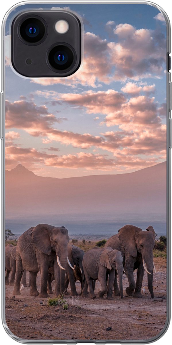 Telefoonhoesje Geschikt voor iPhone 13 mini hoesje - Olifant - Dieren - Avond - Landschap - Savanne - Siliconen Telefoonhoesje Telefoonhoesje