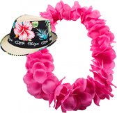 Hawaii thema party verkleedset - Trilby strohoedje - bloemenkrans knalroze - Tropical toppers - voor volwassenen