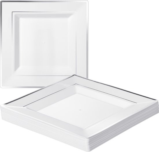 MATANA 20 Witte Vierkante Plastic Borden met Zilveren Rand (24cm), Feestbordjes voor Bruiloften, Verjaardagen, Dopen, Kerstmis & Feesten - Stevig en Herbruikbaar