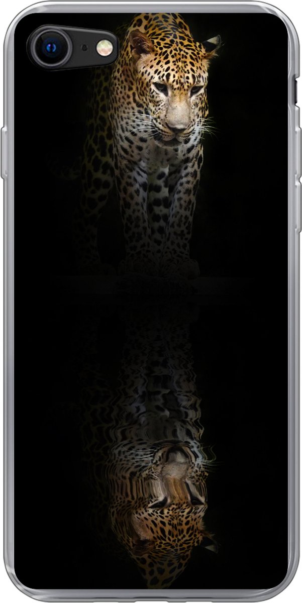 Telefoonhoesje Geschikt voor iPhone SE 2022 hoesje - Luipaard - Reflectie - Zwart - Siliconen Telefoonhoesje Telefoonhoesje