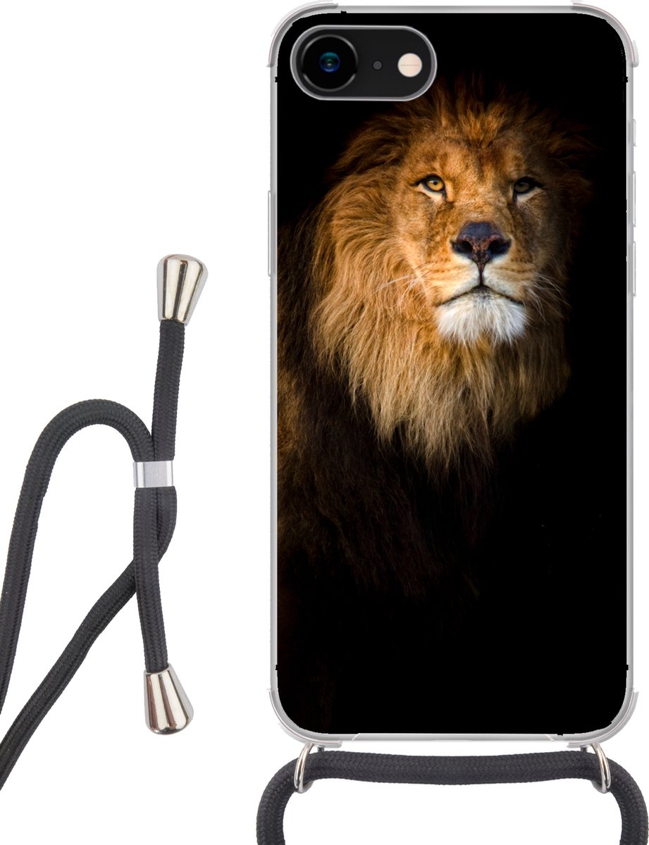 Telefoonhoesje Geschikt voor iPhone 8 - Leeuw - Licht - Zwart - Portret - Siliconen - Crossbody - Backcover met Koord - Telefoonhoesje met koord - Hoesje met touw Telefoonhoesje