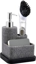 Zeepdispenser met sponshouder en borstelhouder, pompset voor vloeibare handzeepdispenser, gootsteenorganizer, caddy voor sponsborstel, scrubber, verwijderbare lade