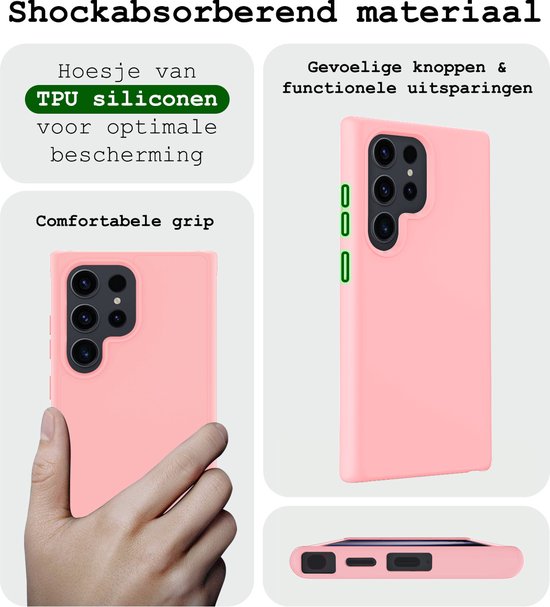 Hoesje Met Screenprotector - Geschikt voor Samsung Galaxy S24 Ultra - Sterk & Shockproof - Back Cover - Siliconen Case - Telefoon Hoes - Lichtroze