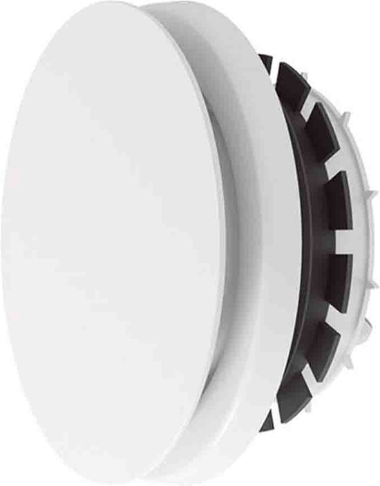 Witte ventilatieklep met zwarte rubberen afdichting en kunststof mechanisme.