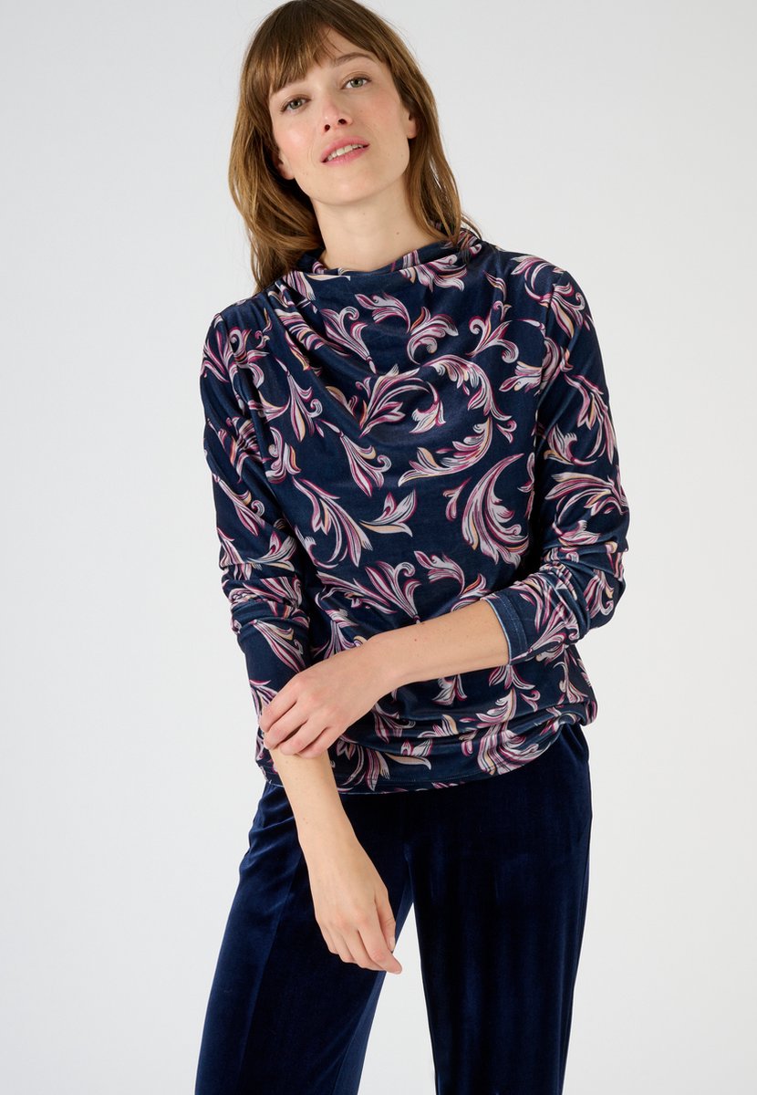 Damart - Gedrapeerd T-shirt met opstaande kraag, velours met print - Dames - Blauw - XXL