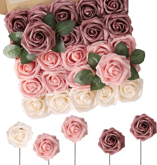 Kunstbloemen rozen, 50 stuks, roos, bloem met steel voor doe-het-zelf bruidsboeketten, bruidsdouche, tafelopzetstukken, bloemstukken, feesttafels, woondecoraties