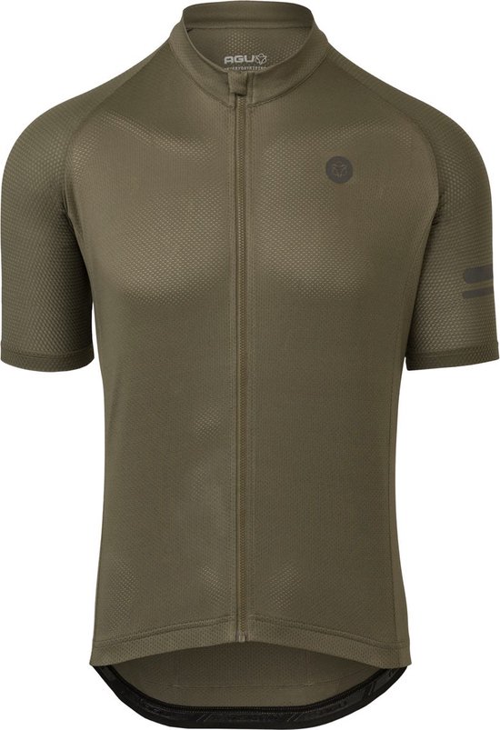 Maillot de cyclisme à manches courtes vert kaki, avec fermeture éclair et logo discret.