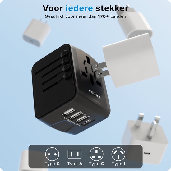 Voomy World Plug Universal - 4 Portes USB - Plus de 150 Landen - Prise de voyage Angleterre et Amérique - Zwart