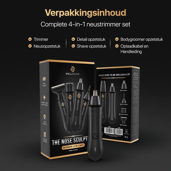 Verpakking van de Wellshave 4-in-1 neustrimmer set, met de meegeleverde opzetstukken.