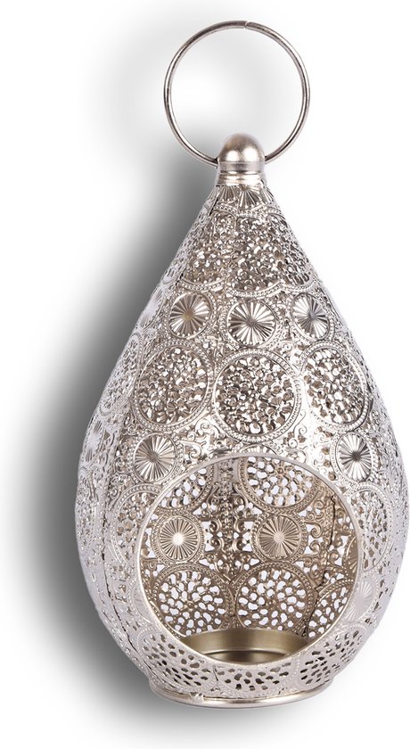 Romantische Zilveren Kaarshouder | Theelichthouder met Oosters Design | Ideaal als Valentijnscadeau voor Haar | 22cm x 17.5cm