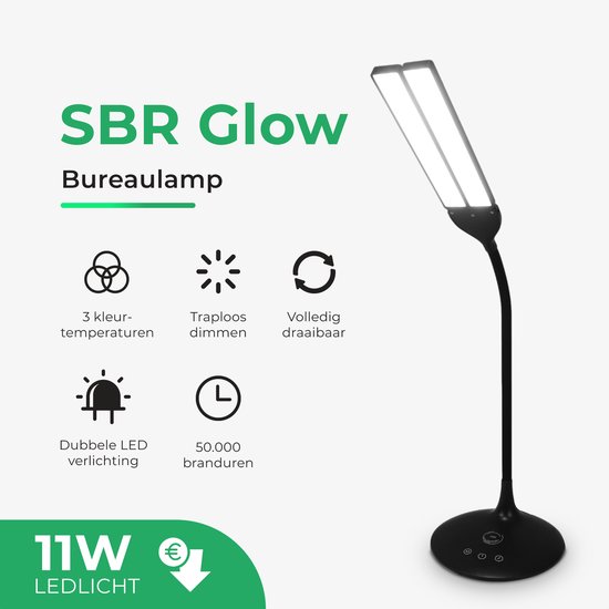 Lampe de bureau SBR Glow - Lampe de table - Lampe lumière du jour - 2 lampes LED - Dimmable - 3 couleurs de lumière - Zwart