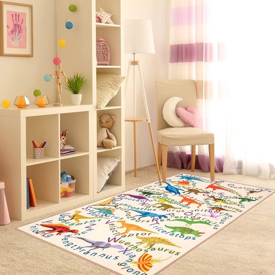 Kindertapijt dinosaurus 100 x 150 cm alfabettapijt educatief tapijt voor speelkamer klaslokaal kinderkamer kinderkamer