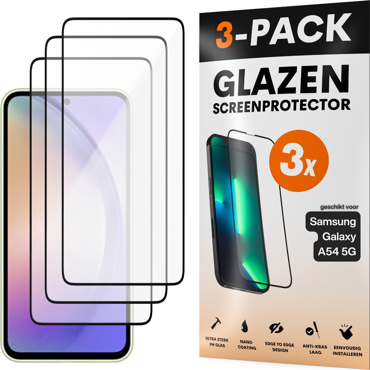Screenprotector - Geschikt voor Samsung Galaxy A54 5G - Gehard Glas - Full Cover Tempered Glass - Case Friendly - 3 Pack