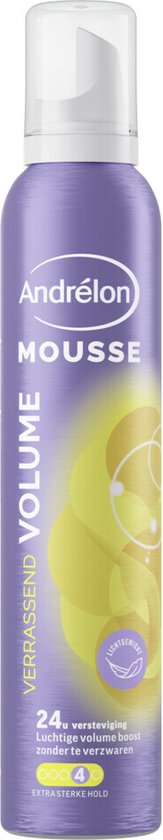 Paarse spuitbus met witte dop. "Andrélon MOUSSE VERRASSEND VOLUME" op de voorkant.