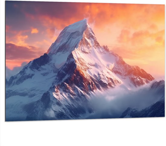 Dibond - Bergen - Sneeuw - Zonsondergang - Kleuren - 100x75 cm Foto op Aluminium (Met Ophangsysteem)