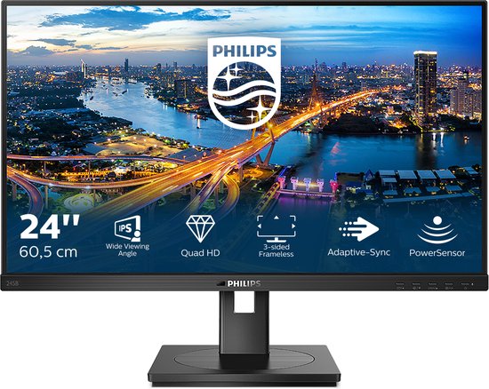 Philips 245B1 24 inch QHD IPS Monitor – Energiezuinig, Draaibaar, Kantelbaar, USB-Hub 3.2, Ingebouwde Speakers
