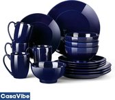 CasaVibe Luxe Serviesset – 16 delig – 4 persoons – Porselein - Bordenset – Dinner platen – Dessertborden - Kommen - Mokken - Set - Donker Blauw