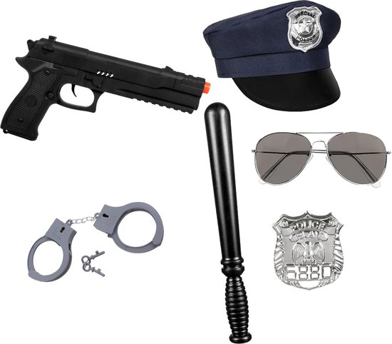 Foto: Carnaval verkleed set xl politie agent pet knuppel badge pistool zonnebril handboeien verkleedkleding accessoires