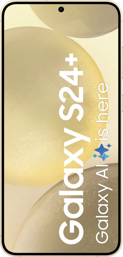 Gouden Samsung Galaxy S24+ met "Galaxy AI is here" op het scherm.