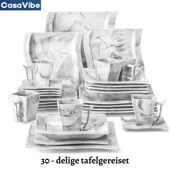 CasaVibe Service de Vaisselle - 30 pièces - 6 personnes - Céramique - Luxe - Service d'assiettes - Assiettes plates - Assiettes à dessert - Marbre - Wit - Marbre