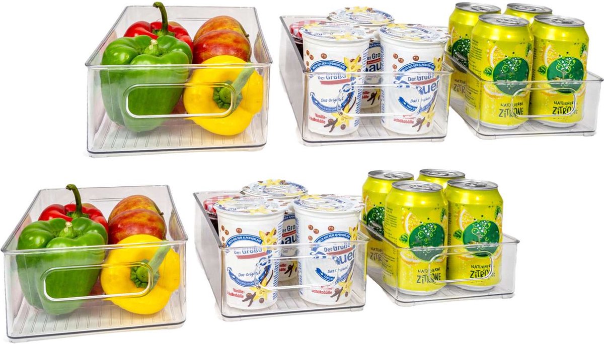 Intirilife Set van 6 Koelkastdozen, Transparante Voorraadkast Organizers - 24.8 x 14.1 x 6.5 / 25.6 x 15 x 8.7 / 26.8 x 16.3 x 8.7 cm - Opbergmand, Doos voor Keuken, Kasten